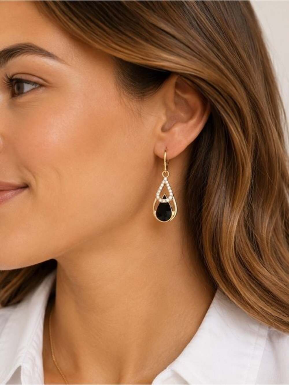 Gold Teardrop Earrings with Black Stone and Crystal Accents - Women Jewelry
